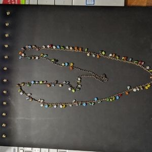 Gold Tone Rainbow Square Beaded Long Statement Necklace